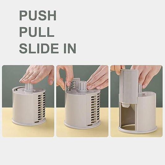 Manual Rotary Drum Vegetable Grater & Slicer – 3-in-1 Kitchen Cutter with Stainless Steel Blades