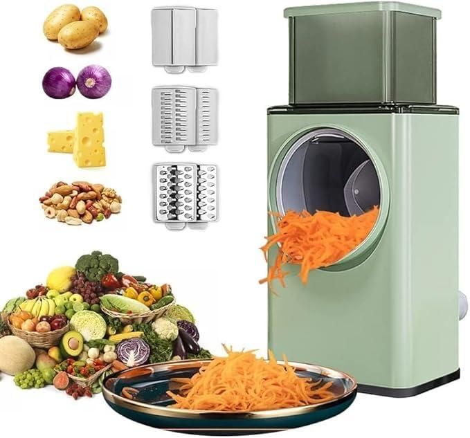 Manual Rotary Drum Vegetable Grater & Slicer – 3-in-1 Kitchen Cutter with Stainless Steel Blades