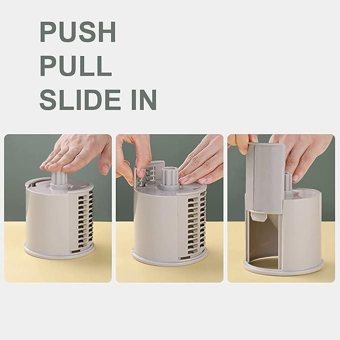 Manual Rotary Drum Vegetable Grater & Slicer – 3-in-1 Kitchen Cutter with Stainless Steel Blades