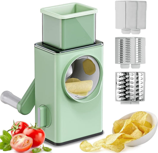 Manual Rotary Drum Vegetable Grater & Slicer – 3-in-1 Kitchen Cutter with Stainless Steel Blades